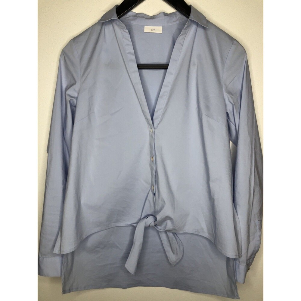 J JILL Women’s Crisp Blue Cotton Stretch Tie-Front High-Low Hem Shirt Oversized